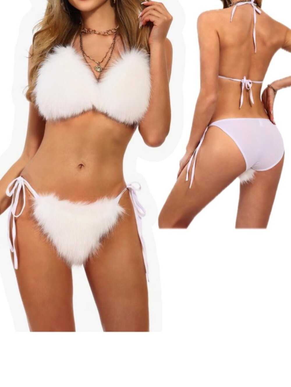 White Rave Faux Fur Two Piece Bikini Size OS